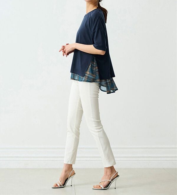 RANAN（ラナン）の「チェック柄異素材使いTシャツ（カットソー）」｜詳細画像