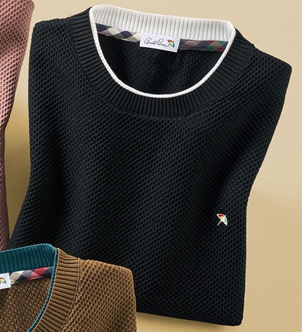 「＜アーノルド　パーマー＞立体編みレイヤードセーター（メンズニット・セーター）」｜ブラック