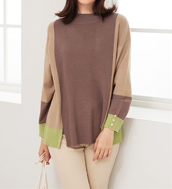 BELLUNA（ベルーナ）の「配色デザイン編地切替ニットプルオーバー（ニット・セーター）」｜詳細画像