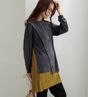 BELLUNA（ベルーナ）の「裾プリーツ切替ボタン使いチュニック（チュニック）」｜チャコール&times;イエロー