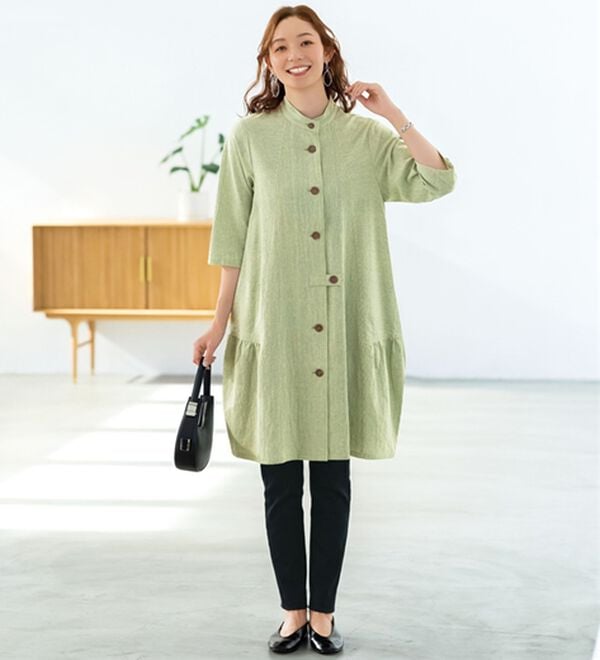 体型隠してモダンに着こなすストライプ切替コクーンチュニック