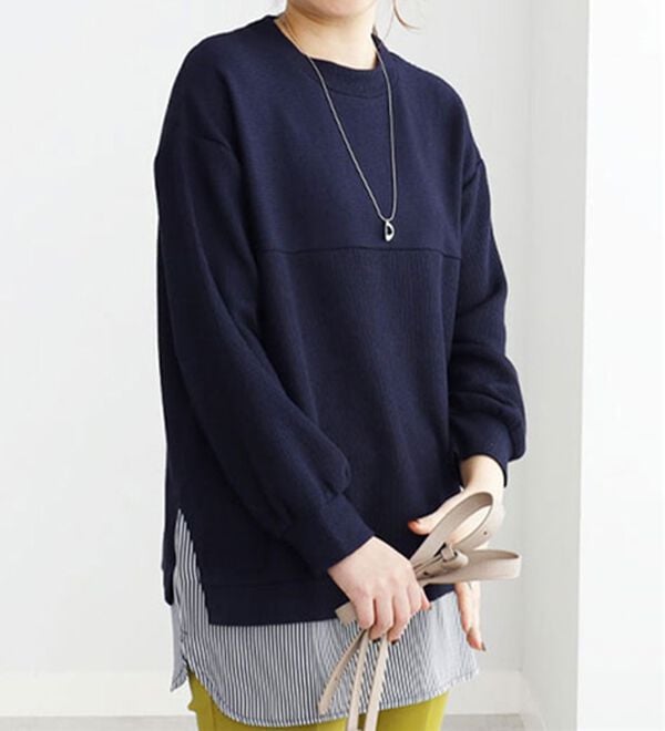 BELLUNA（ベルーナ）の「切替デザインレイヤード風チュニック（チュニック）」｜ネイビー&times;ストライプ