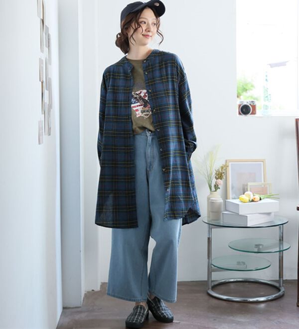 A HAPPY MARILYN（アハッピーマリリン）の「【ＬＬ～８Ｌ】フランネルバンドカラー裾ラウンドチェックチュニック（チュニックワンピース）」｜詳細画像