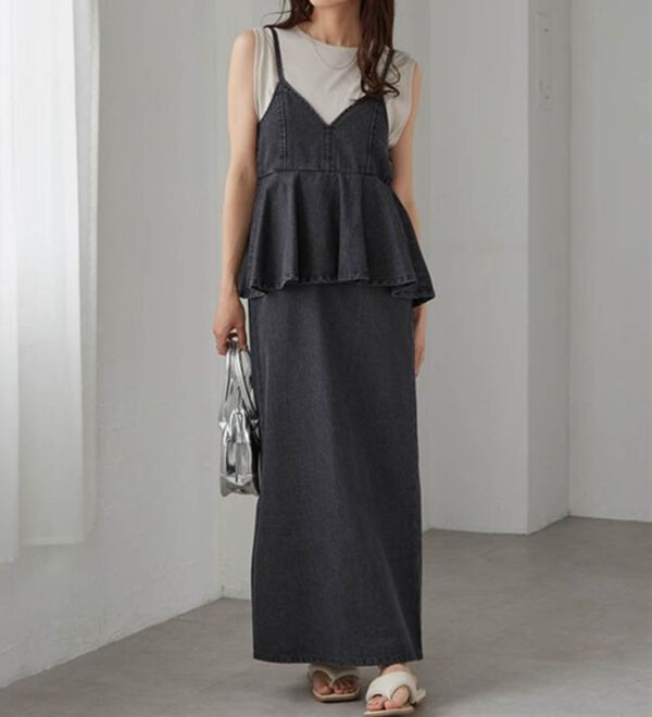 RANAN（ラナン）の「デニムペプラムキャミワンピース（ロングワンピース）」｜詳細画像