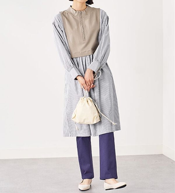BELLUNA（ベルーナ）の「ハーフジップ使いストライプ切替ワンピース（チュニック）」｜詳細画像