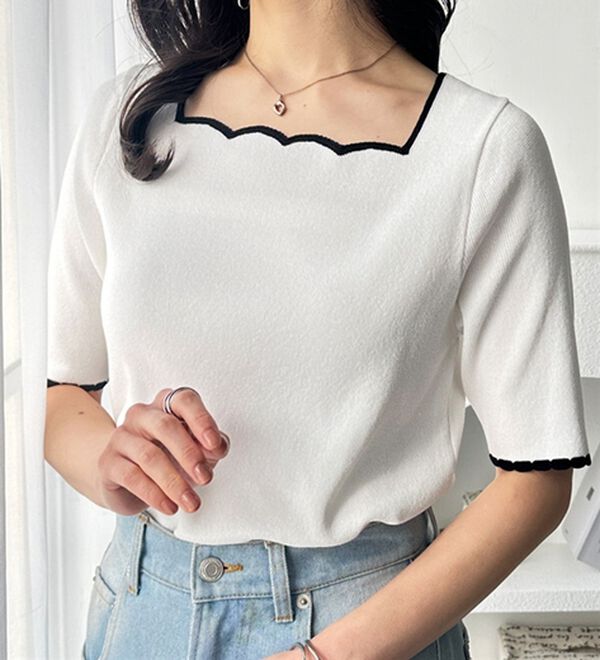 GeeRA（ジーラ）の「配色スカラップ５分袖ニット（ニット・セーター）」｜詳細画像