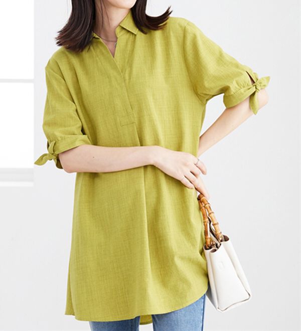 BELLUNA（ベルーナ）の「【接触冷感】麻調素材袖リボン使いシャツチュニック（チュニック）」｜詳細画像