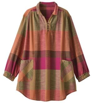 BELLUNA（ベルーナ）の「そのままお出かけ！スラブ素材かっぽうチュニック（チュニック）」｜レッド系チェック