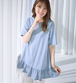 alotta（アロッタ）の「【接触冷感】すっきり細見え！裾フリルＡラインチュニックＴシャツ（チュニック）」｜ブルー