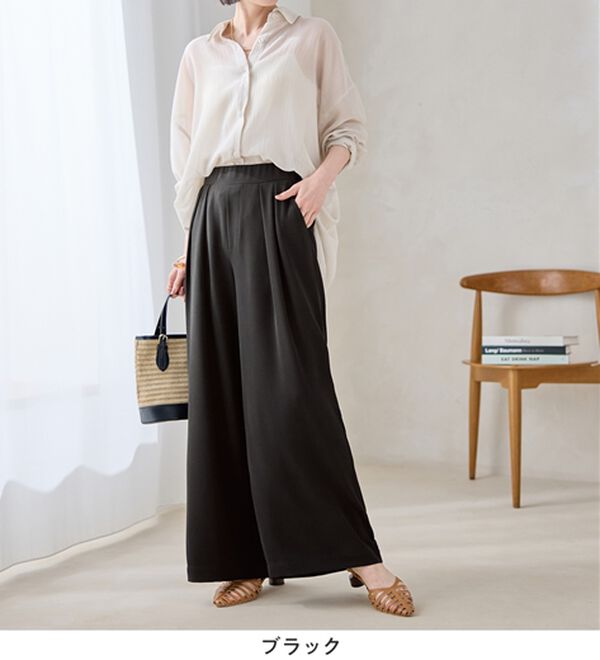 Viola e Viola（ヴィオラ エ ヴィオラ）の「さらさらＥＡＳＹ－３キロ魅せ！とろみタックワイドパンツ（ワイドパンツ・ガウチョ）」｜詳細画像