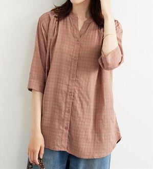BELLUNA（ベルーナ）の「ふんわりシャドーチェック素材シャツ（シャツ）」｜ピンクベージュ