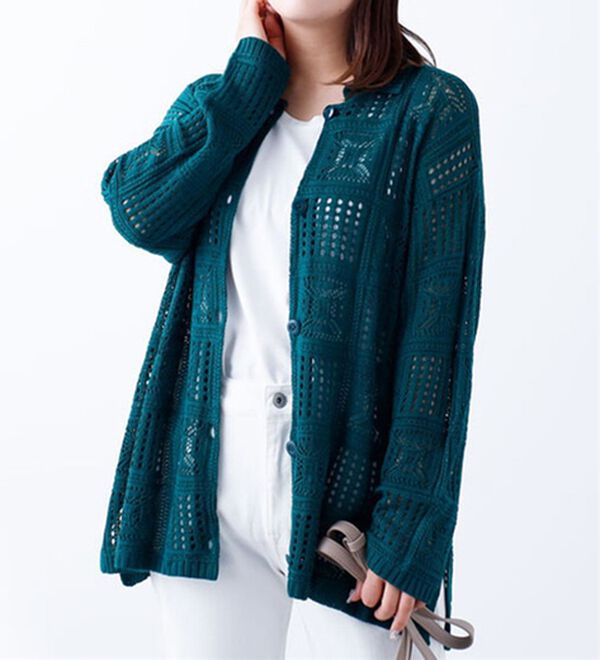 BELLUNA（ベルーナ）の「クロシェ風カーディガン（ニットカーディガン）」｜グリーン