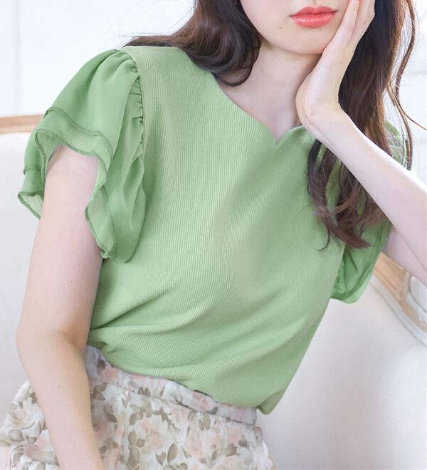 alotta（アロッタ）の「テレコリブ異素材フレアー袖トップス（カットソー）」｜詳細画像