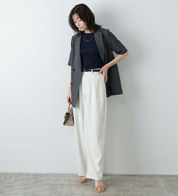 Pierrot（ピエロ）の「【洗濯機で洗える】ネックが選べるシルクタッチ半袖リブニット（ニット・セーター）」｜詳細画像