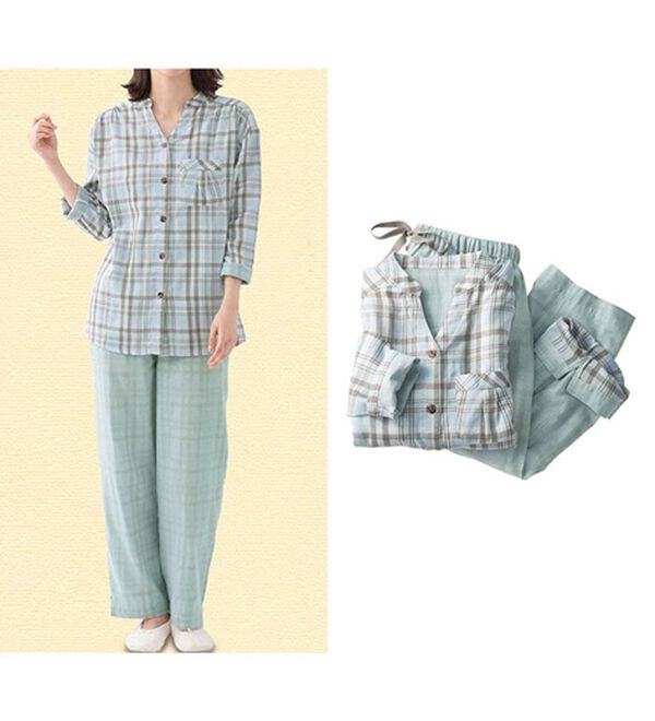 LAVIENNE（ラヴィエンヌ）の「【オーガニックコットン使用】綿１００％Ｗガーゼのルームパジャマ（パジャマ・ルームウェア）」｜サックス