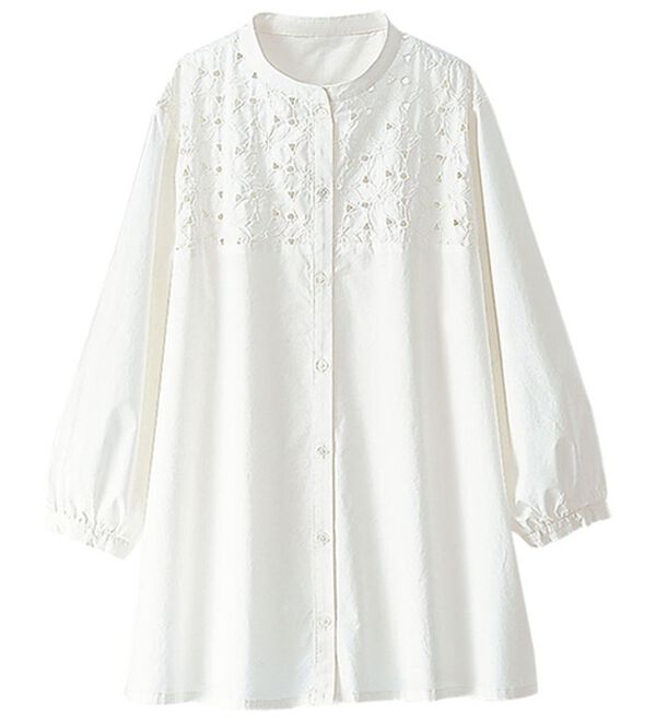 BELLUNA（ベルーナ）の「マーゼライズコットン１００％　アルガンオイル加工刺しゅう使いブラウス（ブラウス）」｜白