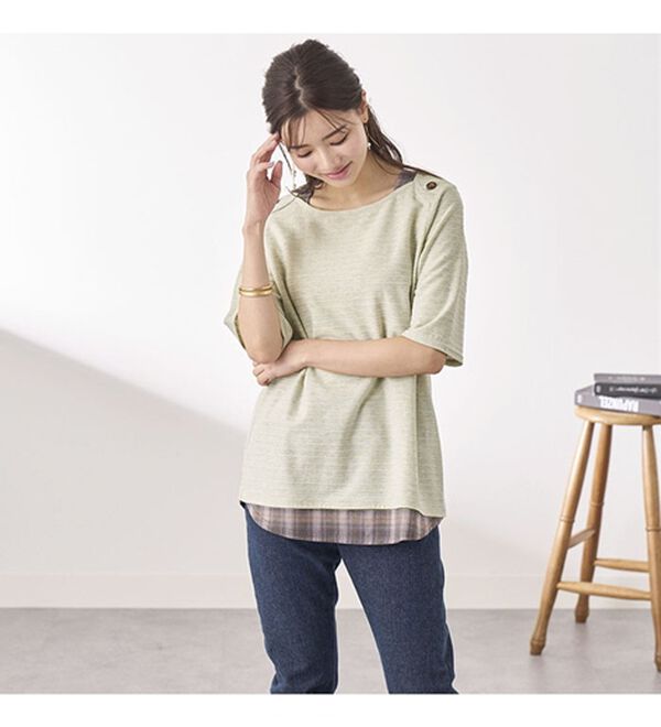 BELLUNA（ベルーナ）の「ひんやり冷感！タックジャカード素材重ね着風プルオーバー（カットソー）」｜詳細画像