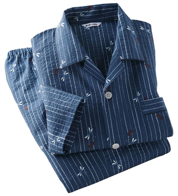 「日本製綿１００％和柄リップルパジャマ（メンズルームウェア）」｜ブルー