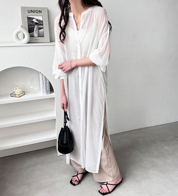 GeeRA（ジーラ）の「バンドカラーシアー楊柳シャツワンピ（シャツワンピース）」｜詳細画像