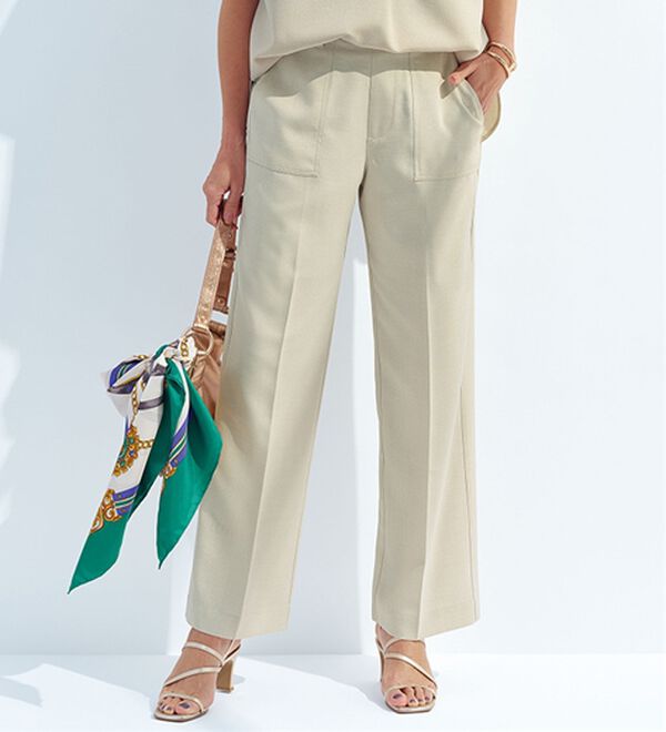 BELLUNA（ベルーナ）の「ひんやりリネンライク素材ベイカーワイドパンツ（ワイドパンツ・ガウチョ）」｜グレージュ