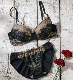 YU'NOW（ユナウ）の「プチプラブラ＆ショーツセット（ブラジャー＆ショーツセット）」｜ブラックミックス系アーチレース