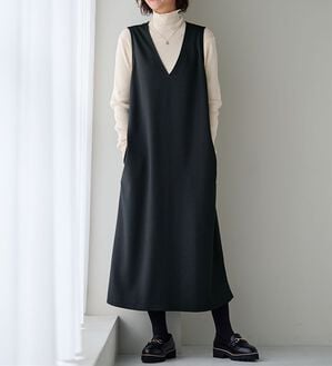 BELLUNA（ベルーナ）の「【選べる丈】シュッと体型カバー！ジャストフィットらくらくジャンパースカート（ジャンパースカート）」｜黒