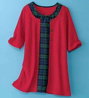 BELLUNA（ベルーナ）の「ひんやり冷感！タックジャカード素材重ね着風プルオーバー（カットソー）」｜レッド