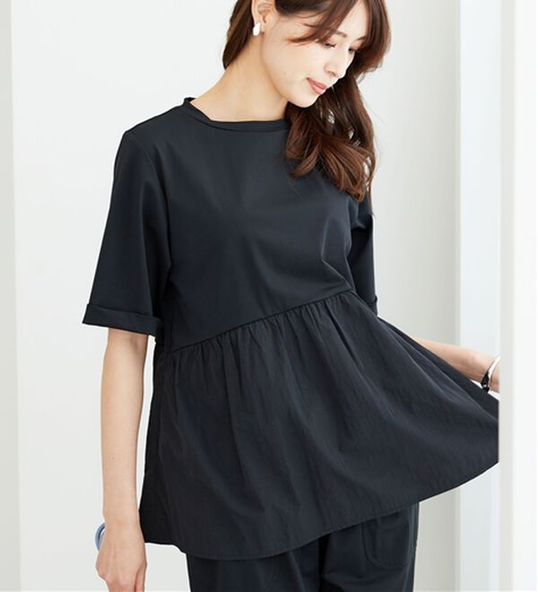 BELLUNA（ベルーナ）の「ヒンヤリ爽快！異素材切替プルオーバー（カットソー）」｜黒