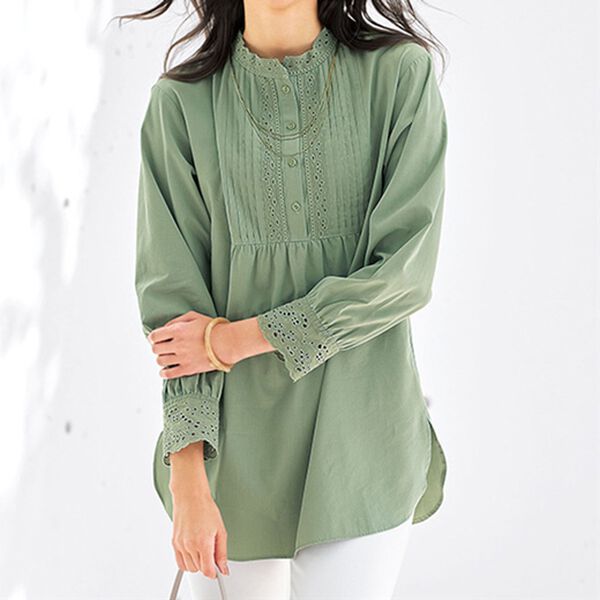 BELLUNA（ベルーナ）の「衿＆袖レース切替シャツチュニック（チュニック）」｜詳細画像