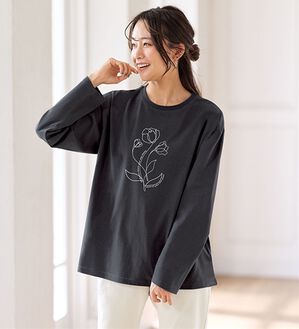 BELLUNA（ベルーナ）の「よれない！大人の長袖Ｔシャツ（カットソー）」｜チャコール(花)