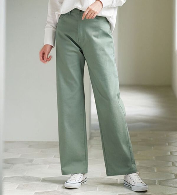 BELLUNA（ベルーナ）の「ぐんぐん伸びるカラーワイドデニム（ワイドパンツ・ガウチョ）」｜ライトグリーン