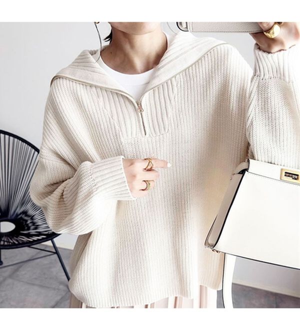 BELLUNA（ベルーナ）の「あぜ編ハーフジップニットプルオーバー（ニット・セーター）」｜詳細画像