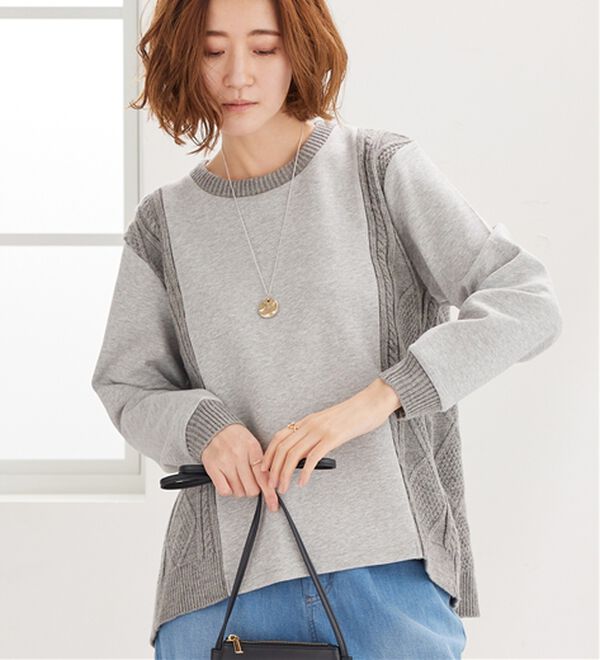 BELLUNA（ベルーナ）の「ケーブル柄ニット切替プルオーバー（カットソー）」｜杢グレー