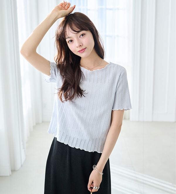 RANAN（ラナン）の「インせず着られる！透かし柄メロー配色Ｔシャツ（カットソー）」｜詳細画像