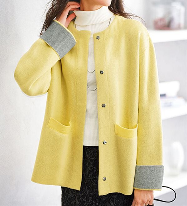 BELLUNA（ベルーナ）の「配色デザインふんわりニットジャケット（ハーフコート）」｜詳細画像