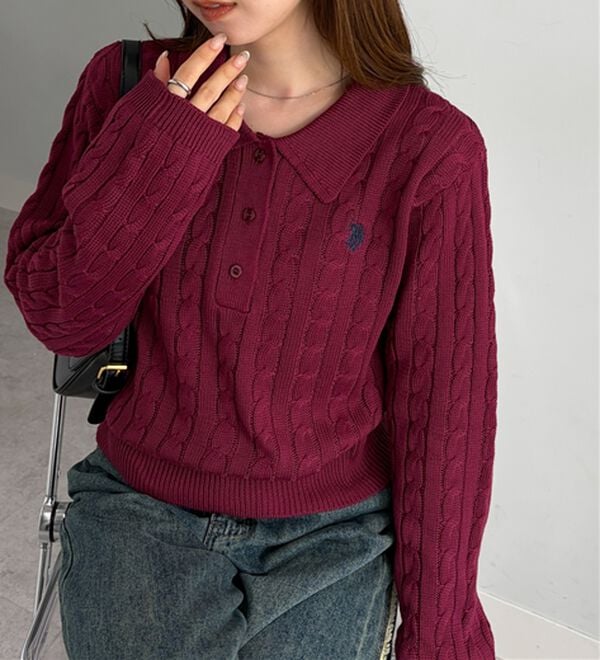 RANAN（ラナン）の「＜U.S.POLO ASSN.＞刺繍長袖ケーブルポロニット（ニット・セーター）」｜詳細画像