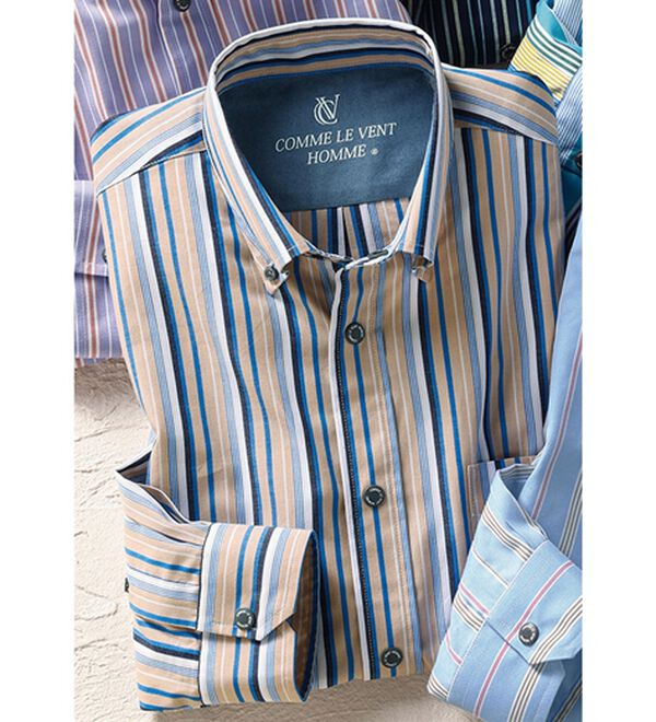 「＜コムルヴァン・オム＞毎日快適ソフトオックスシャツ（メンズシャツ）」｜ベージュストライプ