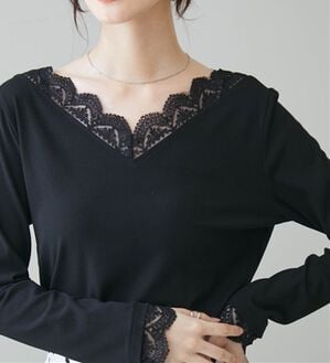RANAN（ラナン）の「チュールレースＶネックリブロンＴＥＥ（カットソー）」｜ブラック