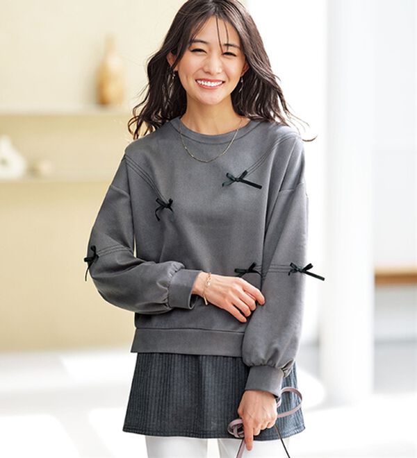 BELLUNA（ベルーナ）の「スエード調リボンモチーフチュニック（チュニック）」｜チャコール系