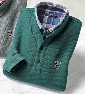 「＜ダンロップ・リファインド＞フェイクレイヤードスタンド衿トレーナー（メンズトレーナー）」｜グレイッシュグリーン