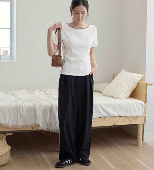 CHAN ME（チャンミ）の「配色ボートネックメロートップス（Tシャツ）」｜詳細画像