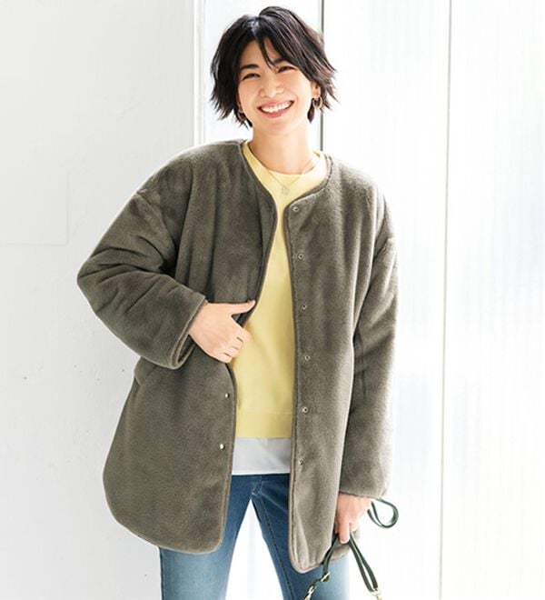 BELLUNA（ベルーナ）の「着こなし２通り！キルト&times;フェイクファーリバーシブルコート（ハーフコート）」｜詳細画像