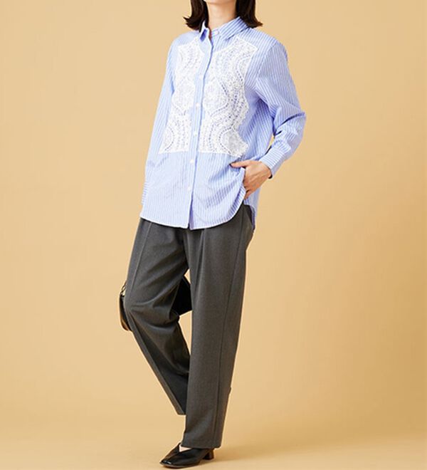 BELLUNA（ベルーナ）の「【Ｌａｇｒｉｌｕａ】レース使いストライプシャツチュニック（チュニック）」｜詳細画像