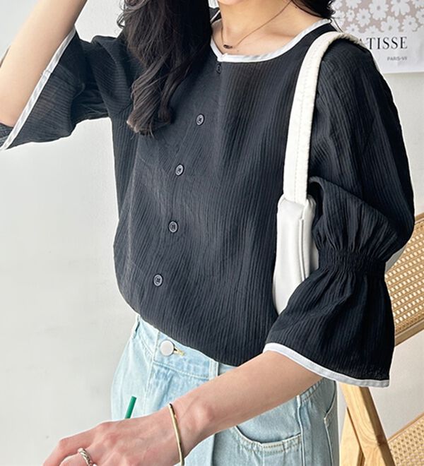 GeeRA（ジーラ）の「前後２ＷＡＹ配色パイピング５分袖ブラウス（ブラウス）」｜詳細画像