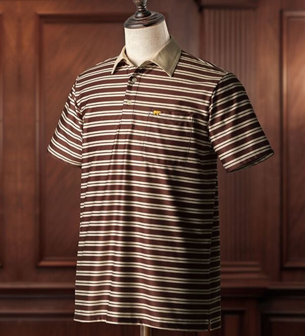 「＜ゴールデンベアゴルフ＞ヘリテージボーダーポロシャツ（メンズポロシャツ）」｜ブラウン系