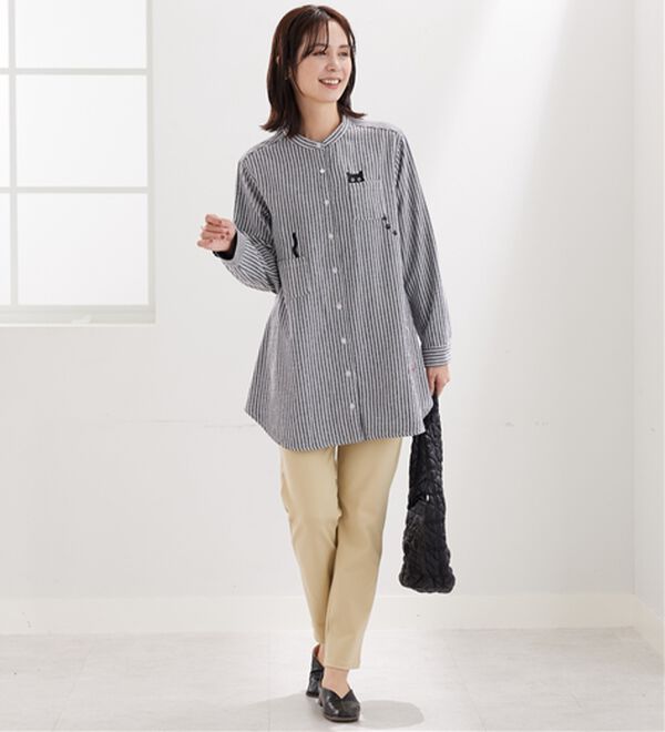 BELLUNA（ベルーナ）の「【あったか】裏フリース素材ネコ刺しゅうシャツチュニック（チュニック）」｜詳細画像