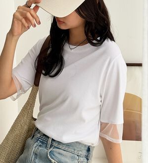 GeeRA（ジーラ）の「綿１００％袖シアー切替シルケットＴシャツ（Tシャツ）」｜オフホワイト