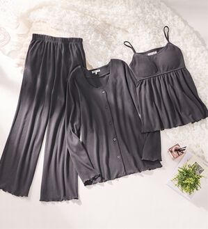 YU'NOW（ユナウ）の「【３点セット】カップ付ワッフルキャミソールルームウェアセット（パジャマ・ルームウェア）」｜チャコールグレー