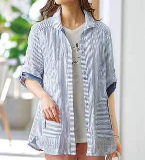 BELLUNA（ベルーナ）の「爽やか先染めストライプジャケット（シャツ）」｜オフ白系