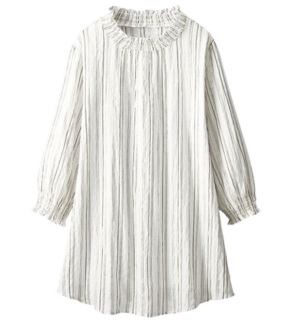 BELLUNA（ベルーナ）の「シャーリング使いストライプ柄チュニック（チュニック）」｜オフ白系